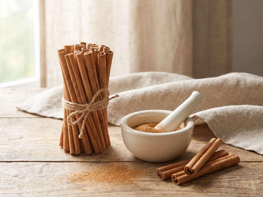 Bundle of Ceylon cinnamon sticks and cinnamon powder
