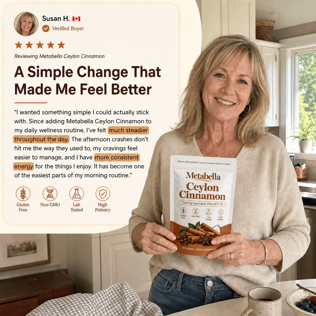 Smiling woman holding a pouch of Metabella Ceylon Cinnamon softgels at home