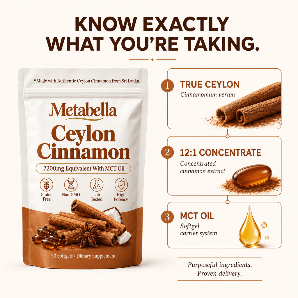 Metabella Ceylon Cinnamon pouch with its three parts: true Ceylon cinnamon, 12:1 extract, MCT oil softgel