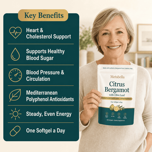 Metabella Citrus Bergamot with Olive Leaf – Heart, Cholesterol & Healthy Blood Sugar Support | 500mg Standardized Bergamot, 190mg Polyphenols | 30 Softgels