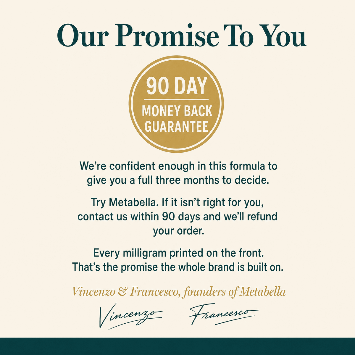 Metabella 90-day money-back guarantee note from the founders