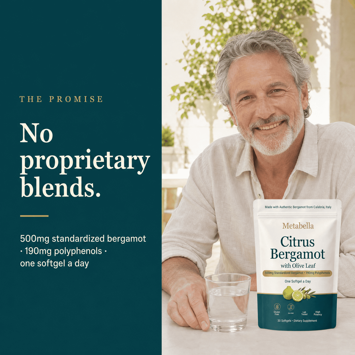 Man holding Metabella Citrus Bergamot pouch: no proprietary blends, 500 mg bergamot, 190 mg polyphenols