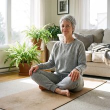 Relaxed woman sitting on a yoga mat at home